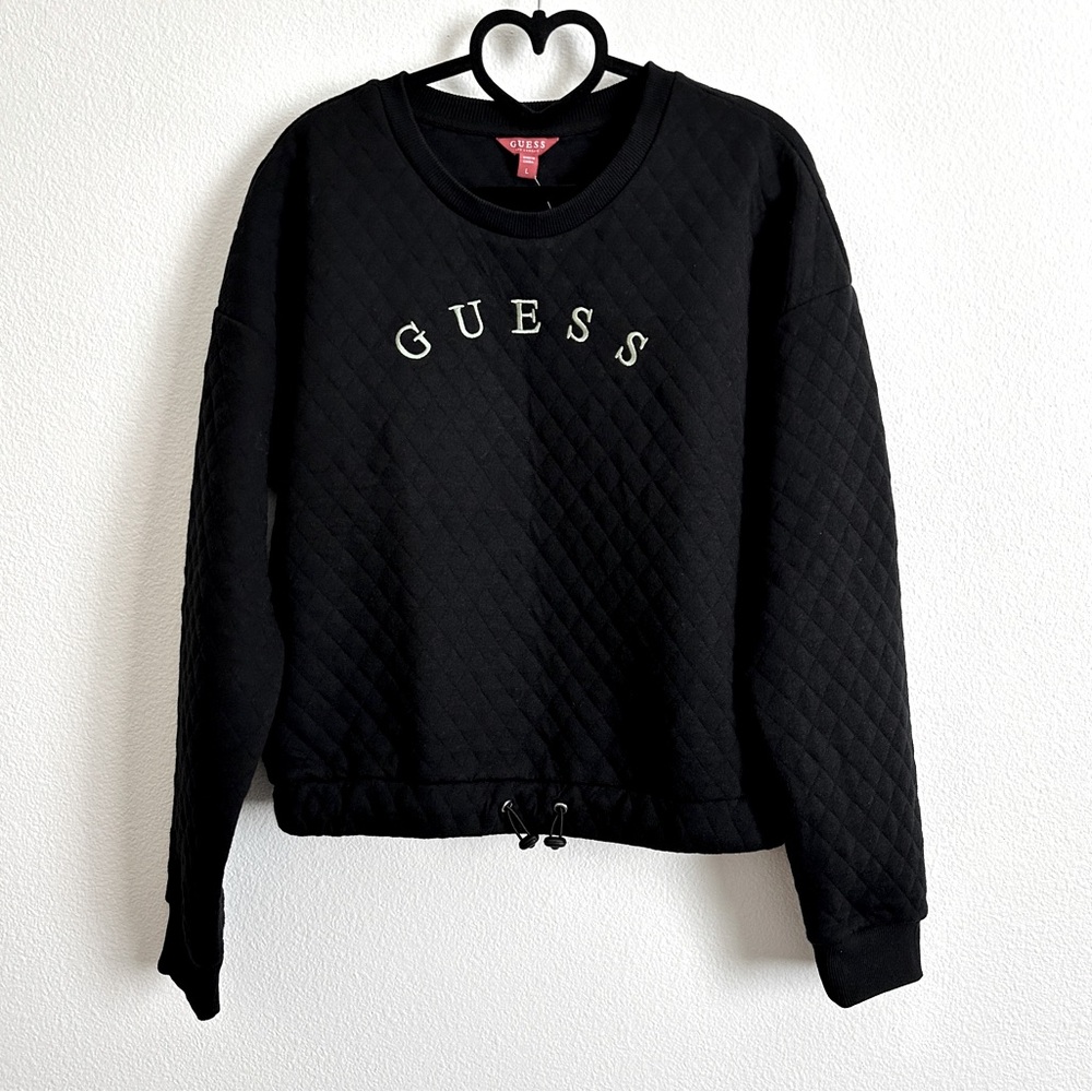 Guess Black Diamond Quilted Toggle Hem Embroidered Logo Sweatshirt Size L
